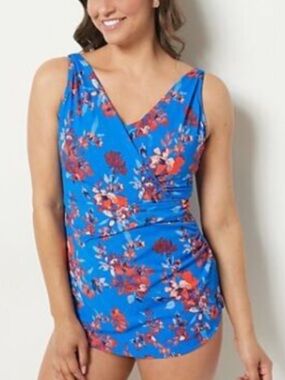 D&Co Beach Blue Floral Sleeveless Wrap Tankini dress swimsuit
